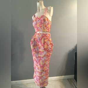 Lulu's Ellarina Floral Metallic Jacquard 2pc pocket Skirt Set Pink Multicolored